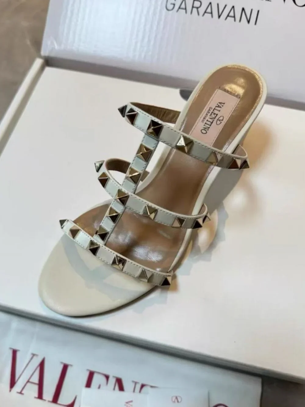 Valentino Open‑Toe Rock‑Stud Strappy White Leather Chunky‑Heel Mule Slides